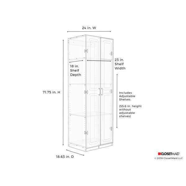 ClosetMaid Dimensions 72” H x 24” W x 18” D 2 Door Storage